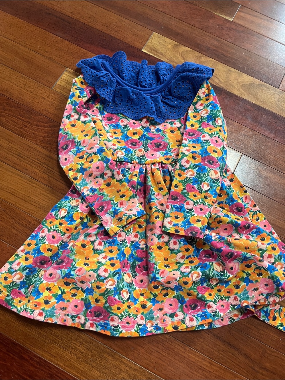 Girls Floral Long-Sleeve Dress with Blue Eyelet Collar